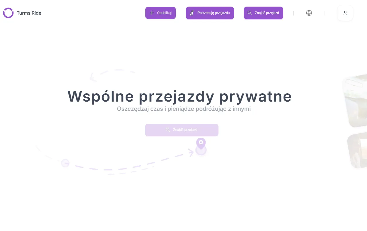 TurmsRide — strona główna z wyszukiwarką przejazdów